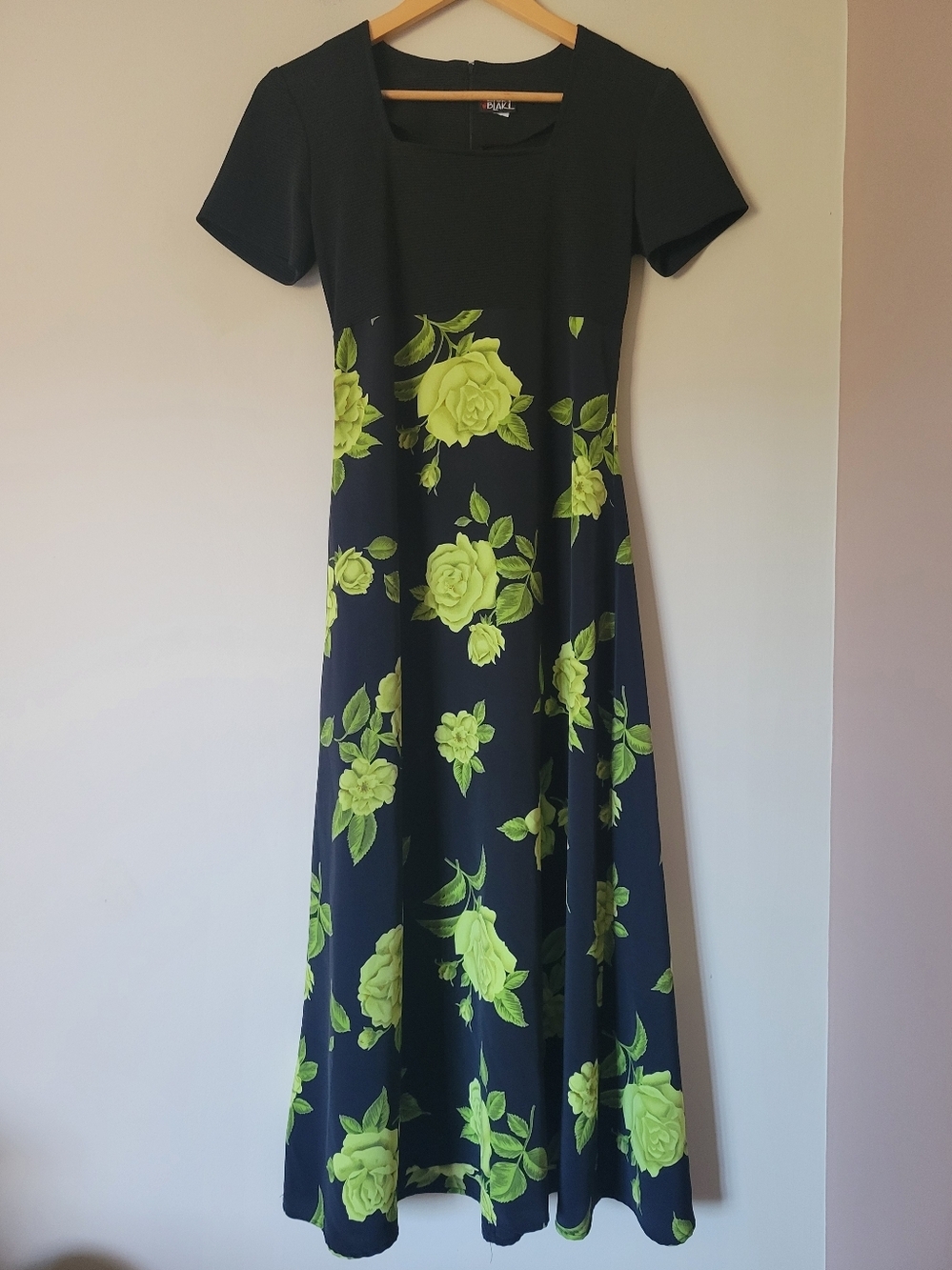 Vintage 90s Goth Grunge Black Floral Tie Back Empire Waist Long Prom Maxi Dress